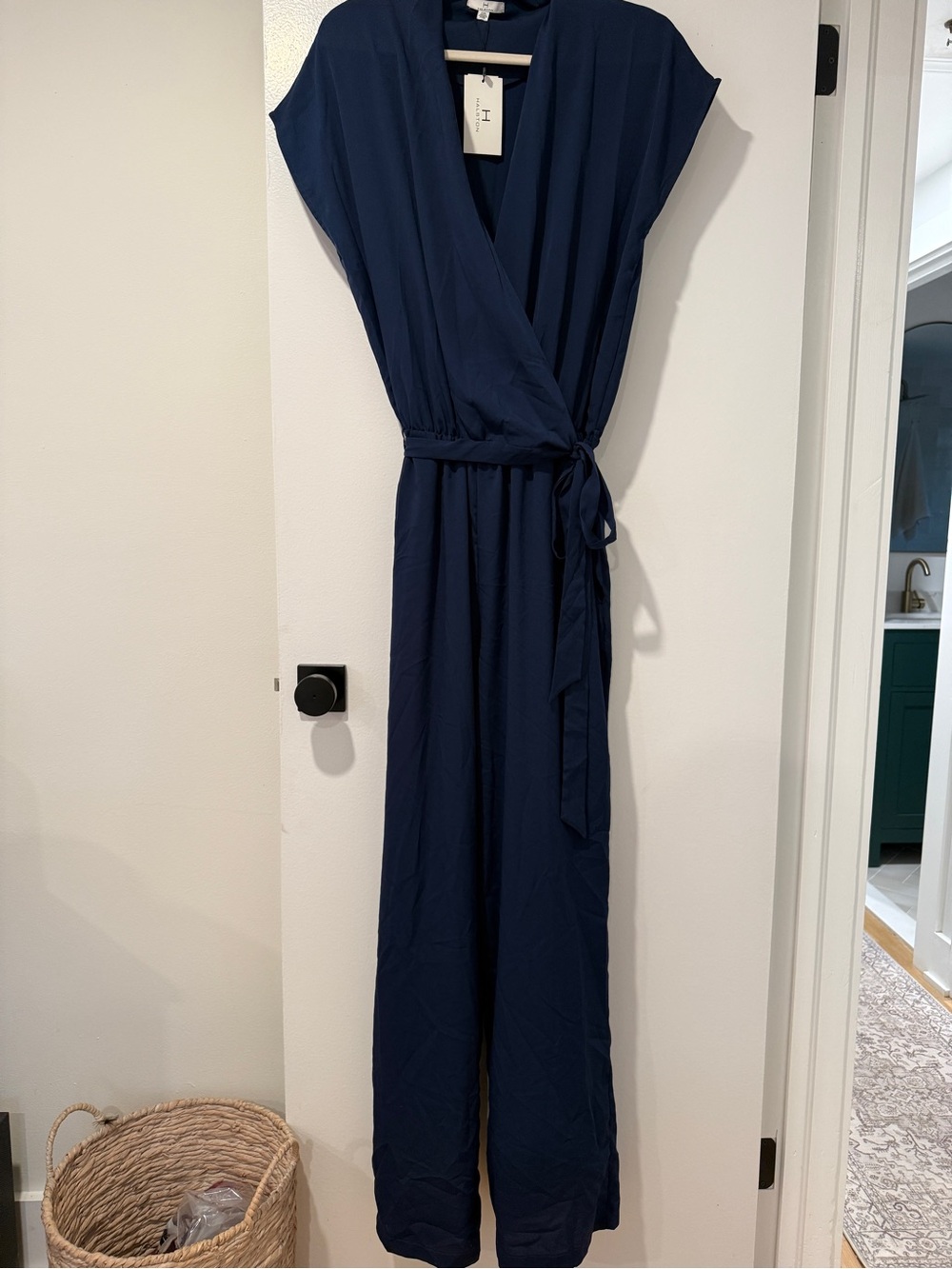 Halston Heritage Navy Wrap Jumpsuit with Tie Waist